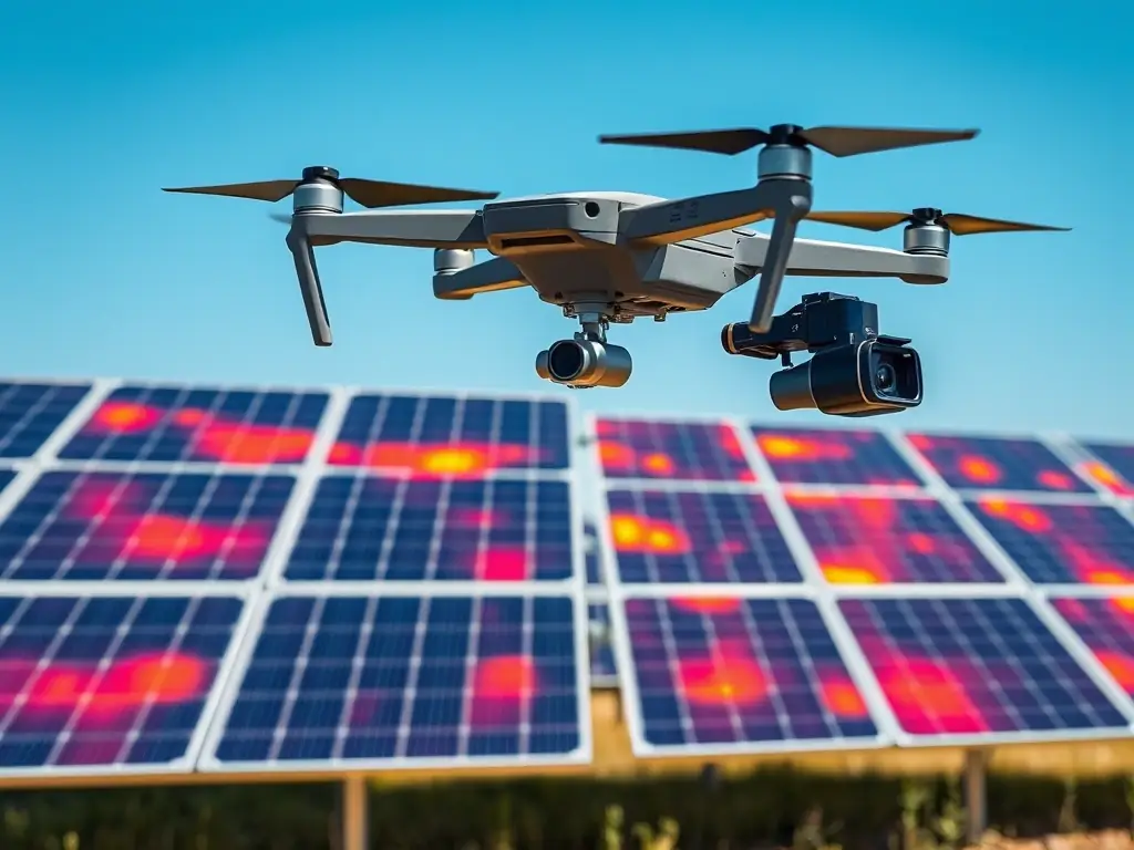 A drone with a thermal camera inspecting a solar panel installation, highlighting potential hotspots and inefficiencies.