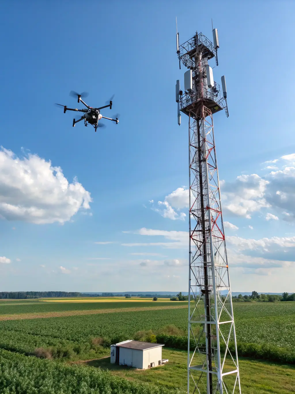 An aerial view of a telecommunications tower captured by a drone, demonstrating Amped Aerial's aerial intelligence services.