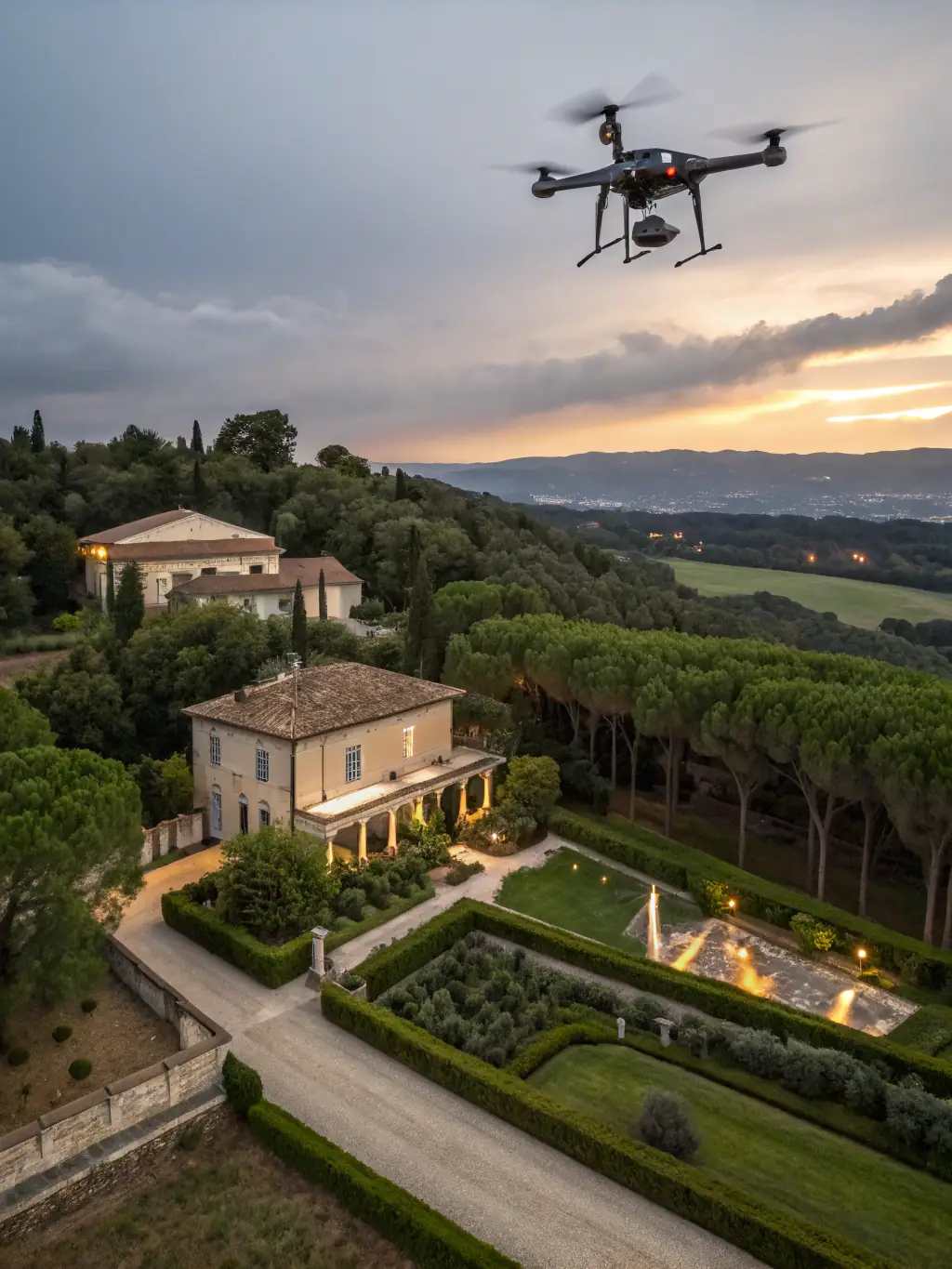 A drone capturing high-resolution images of a residential property, showcasing Amped Aerial's services for the real estate industry.