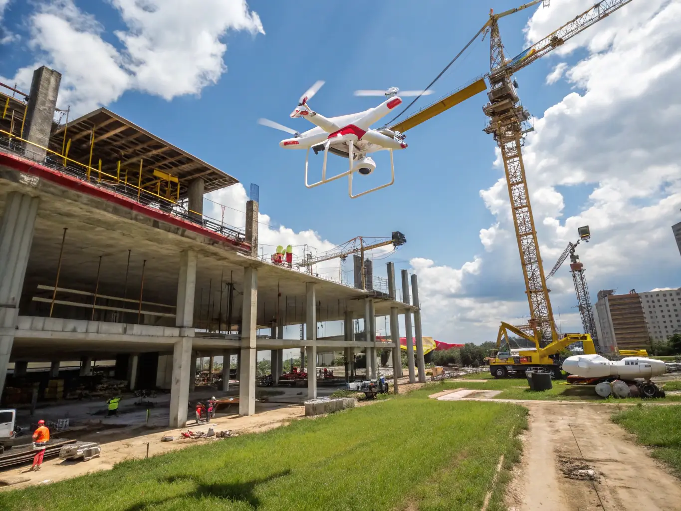 A drone equipped with mapping sensors flying over a construction site, capturing data for high-accuracy mapping services.