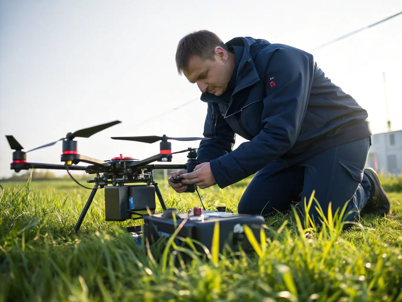 A drone is being inspected by a technician wearing safety glasses and a high-visibility vest, with a checklist in hand, emphasizing Amped Aerial's commitment to safety and regulatory compliance.