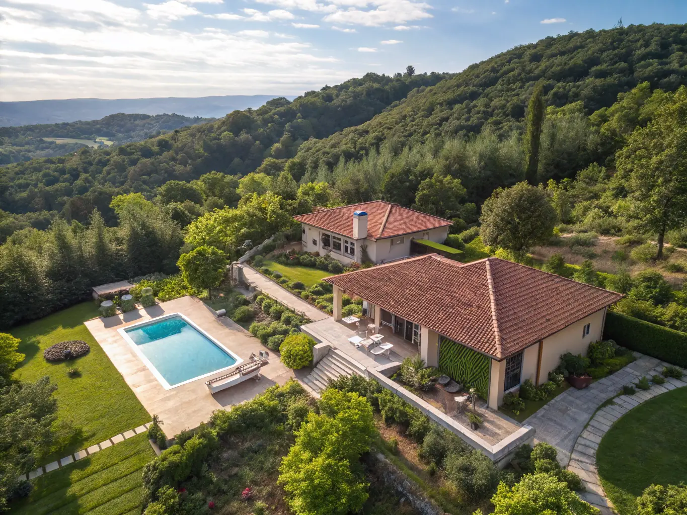 A drone capturing aerial imagery of a real estate property, showcasing its features and surroundings from a unique perspective.