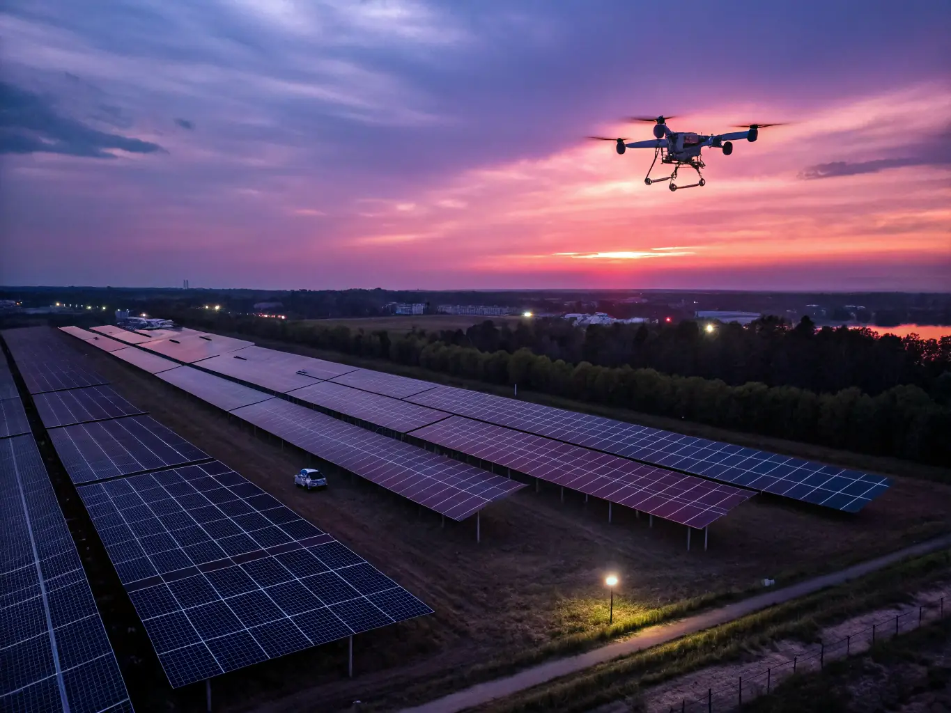 A drone inspecting a large solar panel installation, highlighting the use of thermal imaging to detect potential issues and optimize performance.