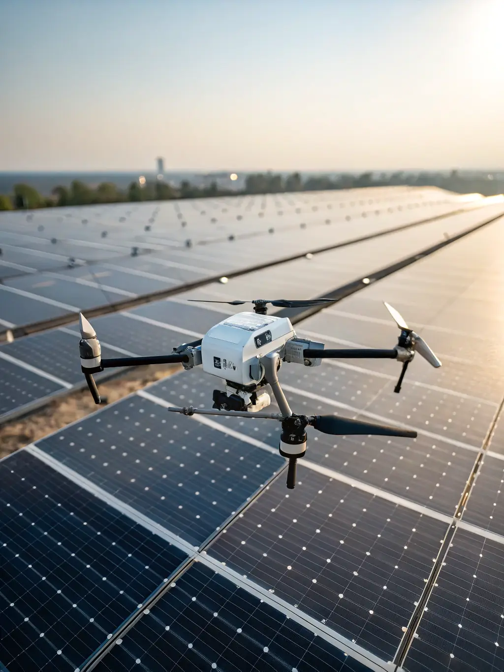 A drone equipped with a thermal camera inspecting a solar panel array, highlighting Amped Aerial's thermal inspection capabilities.