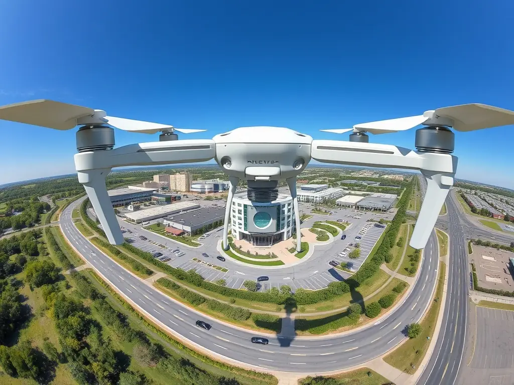 A drone capturing aerial footage of a luxury real estate property, showcasing the expansive views and landscaping.
