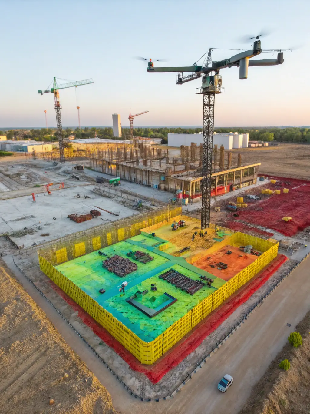A drone capturing detailed topographical maps over a construction site, showcasing Amped Aerial's high-accuracy mapping service.