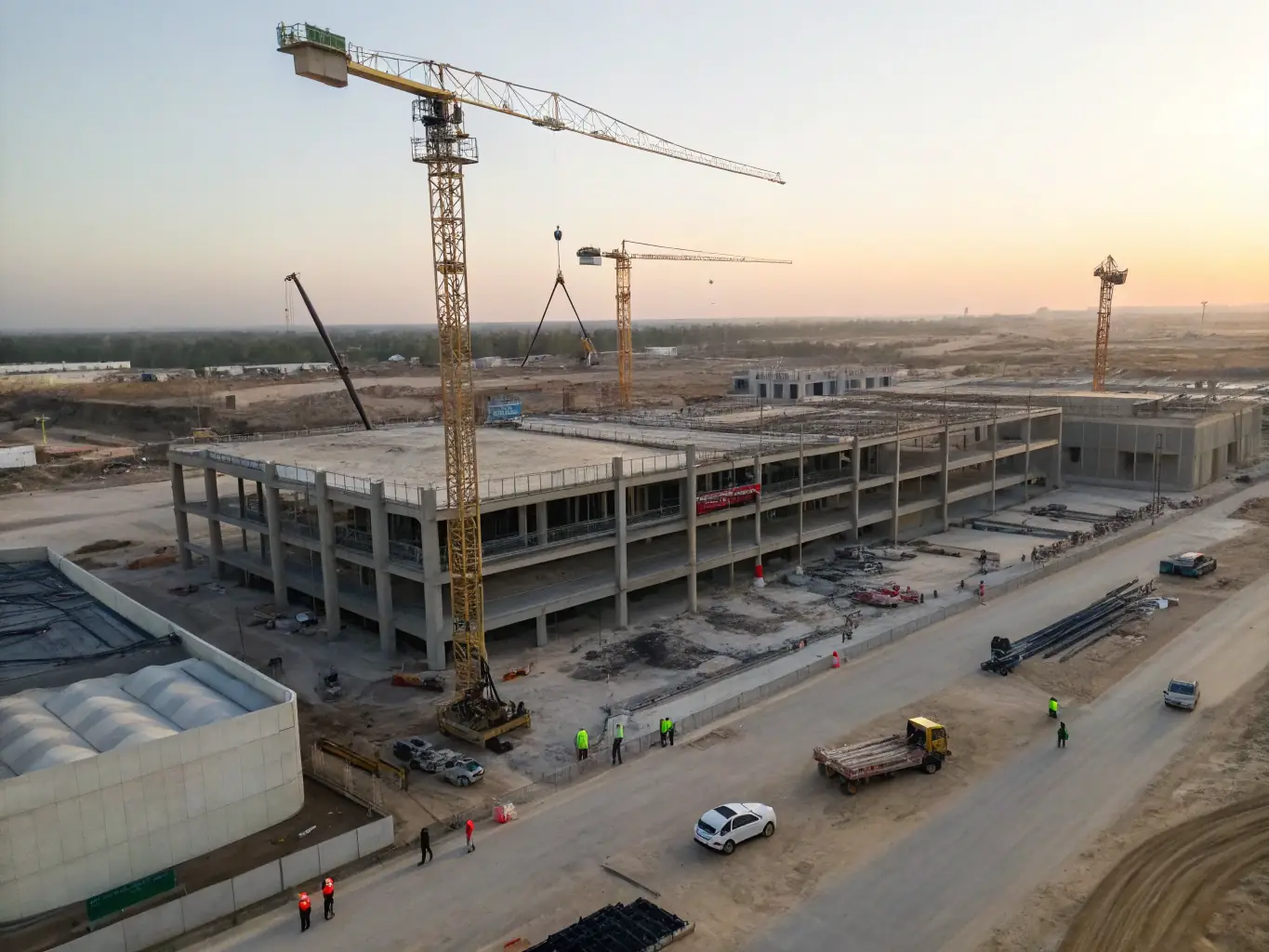 A drone hovering over a construction site, capturing aerial images of the progress, with construction workers and equipment visible below.