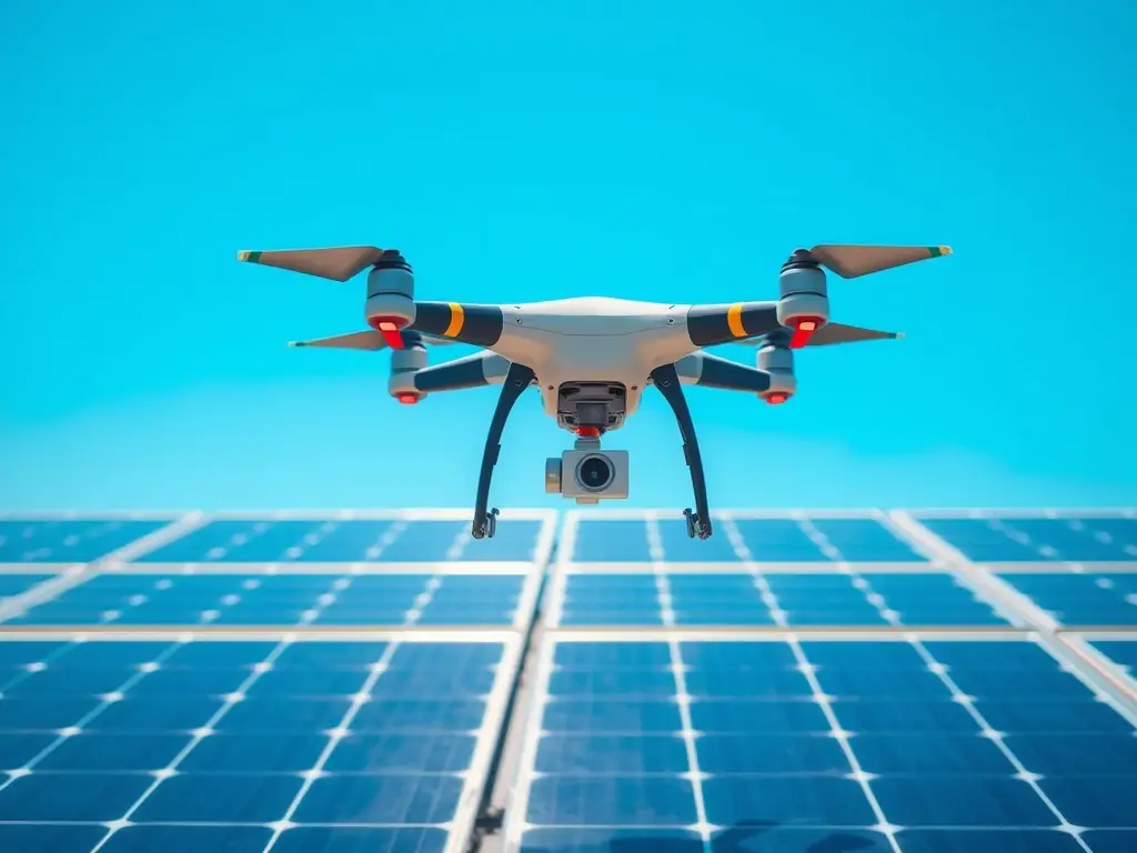 A close-up shot of a drone's camera capturing thermal data on a solar panel array, highlighting Amped Aerial's expertise in thermal inspections and data analysis.